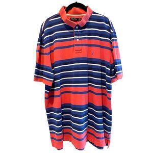 Nautica Short‎ Sleeve Polo Blue White Coral Stripes Men’s XL *slight flaw*